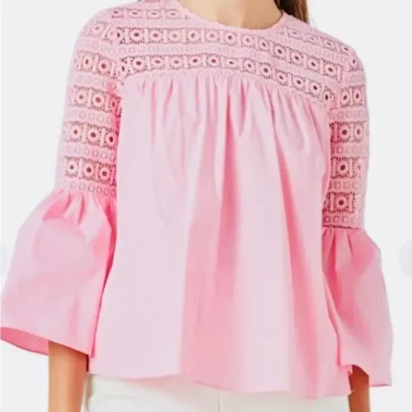 Anthropologie Endless Rose Pink Lace Poplin Bell Sleeve Blouse Large TJ027T - Picture 3 of 14